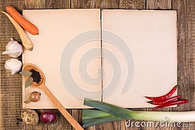 Cookery book on wooden background Stock Photo