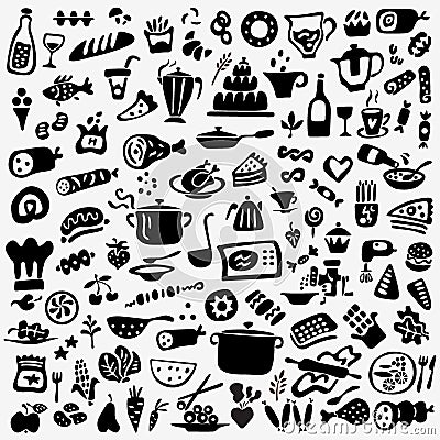 Cookery , food and drunk - graphic doodles ,icos set Vector Illustration