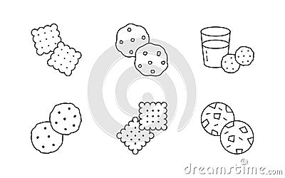 Cookie doodle illustration including icons - fresh sugar biscuit, crisp cracker, glass of milk, pastry, snack. Thin line Vector Illustration