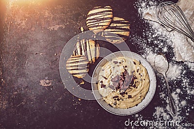 Cookie dough, chocolate biscuits, preparing dough for baking Stock Photo