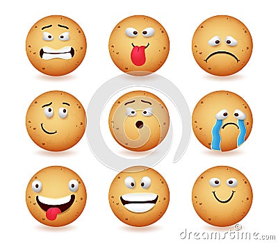 Cookie emojis vector set design. Cookies emoji characters in crazy, sad and scared facial expressions for funny and cute ginger. Vector Illustration