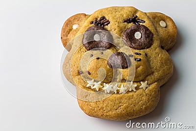 Cookie for a fan of Freddy Fazbear - Five nights at Freddy animatronic game - Fun decorated cookie isolated on white Stock Photo
