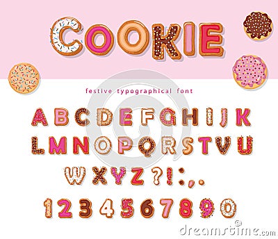 Cookie hand drawn decorative font. Cartoon sweet ABC letters and numbers. For birthday or Valentines day cards, cute design for gi Stock Photo