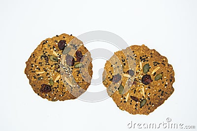 Cookie made with Grain , Raisin ,Almond, Pumpkin Seed, Cashew Nut, Cranberry , Walnut, Sunflower Seed, Chia Seed,Black Sesame Seed Stock Photo