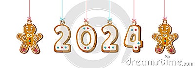 Cookie numerals hanging in phrase 2024 in cartoon style. Sweet biscuit in shape of christmas gingerbread man in new year Vector Illustration