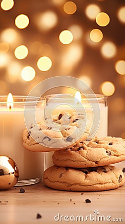 Cookie-scented handmade candles. Cozy photo on a wooden background. AI Stock Photo