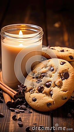 Cookie-scented handmade candles. Cozy photo on a wooden background. AI Stock Photo