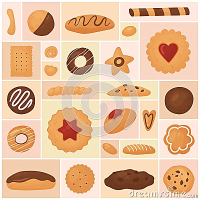 Cookie, sweet food set, assorted sugar snacks, confectionery collection with biscuits Cartoon Illustration