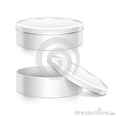 Cookie tin boxes set mock-up template. Open and closed boxes. Vector Illustration