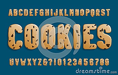 Cookies alphabet font. Cookie letters and numbers with chocolate chips. Vector Illustration
