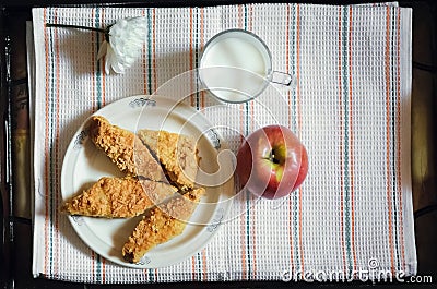 Cookies, apple and milk on a tray, healthy breakfast Stock Photo