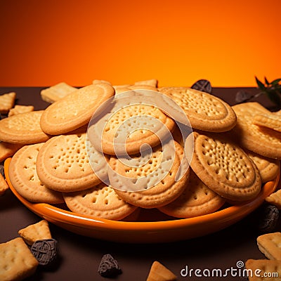 Cookies arranged on an orange surface, a tasteful and inviting presentation Stock Photo