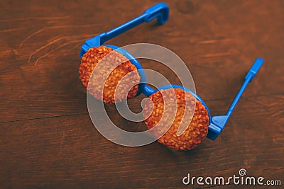 Cookies blue glasses sharp wooden table Stock Photo