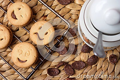 Chocolate cookies on wooden table. Chocolate chip cookies shot Stock Photo