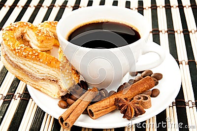 Cookies, coffee and cinnamon Stock Photo