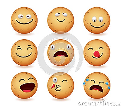 Cookies emoji vector set design. Cookie emojis with happy and funny face reaction isolated in white background for cute ginger. Vector Illustration