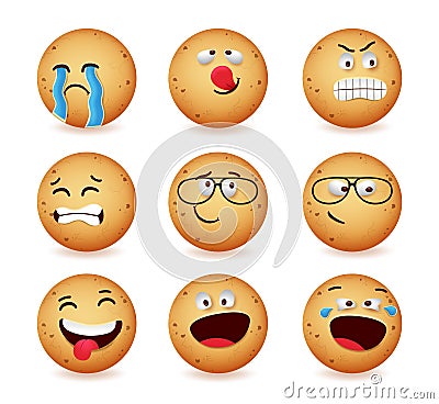 Cookies emoji vector set design. Cookie ginger bread emoji in jolly, angry and crying faces reaction isolated in white background. Vector Illustration