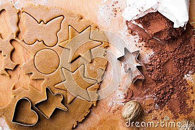 Cookies forms and gingerbread dough Stock Photo