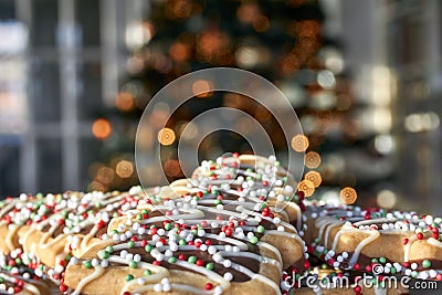 Cookies in front oaf a blurred Christmas tree Stock Photo