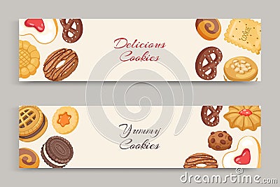 Cookies with jam, gingerbread, chocolate chip yammy cookie, homemade biscuit vector illustration banners set. Vector Illustration