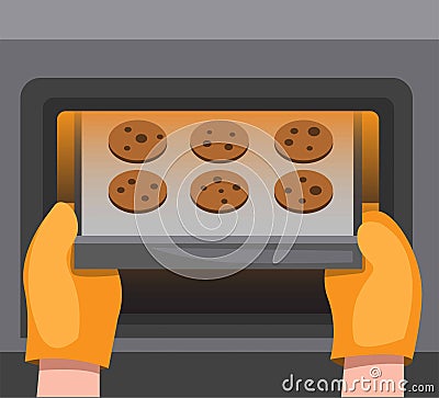 Cookies on oven, hand insert or put out pan with chocolate biscuit, cartoon flat illustration vector Vector Illustration