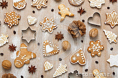 Cookies pattern with walnuts, coffee beans, anise and cookie cut Stock Photo