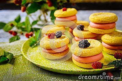 Cookies sandwiches with pink cream and wildberry Stock Photo