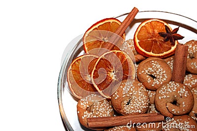 Cookies, spices and dryed oranges Stock Photo