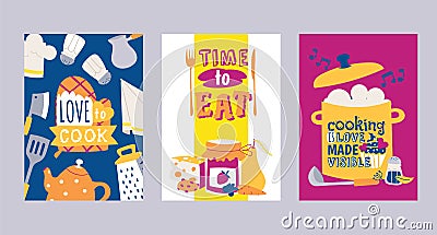 Cooking appliances and restaurant utensil and food set of cards vector illustration. Love to cook. Time to eat. Cooking Vector Illustration