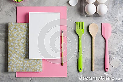 Cooking baking flat lay background with eggs kitchen tools Stock Photo