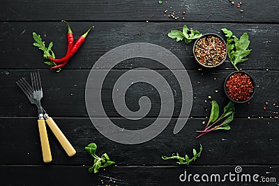 Cooking banner. Kitchen black table and ingredients. Food. Top view. Stock Photo