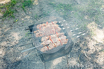 Cooking barbecue with vegetables on skewers. Roasted meat on the grill Stock Photo