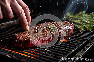 Cooking beef steak on grill pan by chef hands Stock Photo