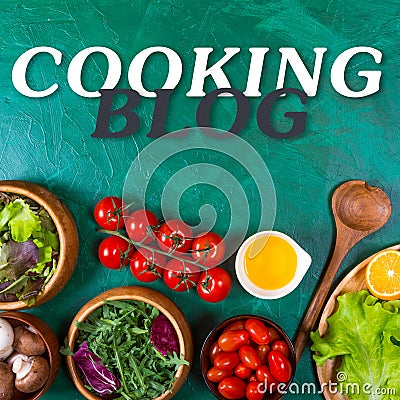 Cooking blog concept. Organic vegetables for dietary catering on green Stock Photo