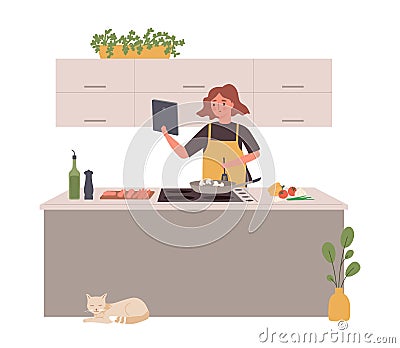 Cooking blogger. Cartoon person prepare food and streaming, trendy culinary vlogger making content and teaching Vector Illustration