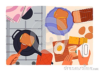 Cooking breakfast, top view. Couple hands cooks morning toasts, bread with fried eggs together. Making sandwiches Vector Illustration