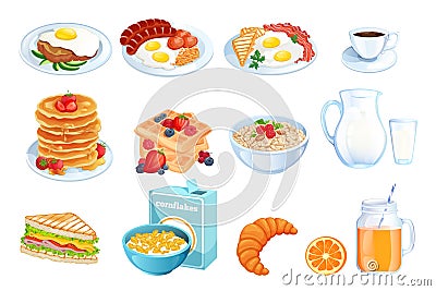 Cooking breakfast, vector cartoon illustration. Set of isolated morning meal dishes. Restaurant or cafe brunch menu design Vector Illustration