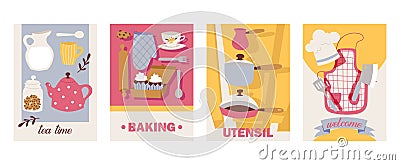 Cooking cards vector illustration. Teatime, baking, utensil, welcome. Invitation fot cooking classes, tea party. Tea pot Vector Illustration