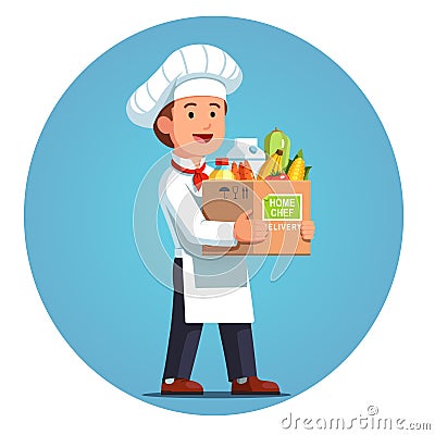 Cooking chef holding box with delivery meal Vector Illustration