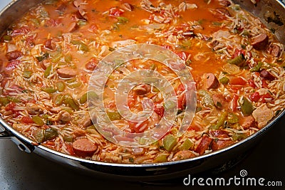 Cooking Chicken Andouille Sausage Jambalaya Stock Photo