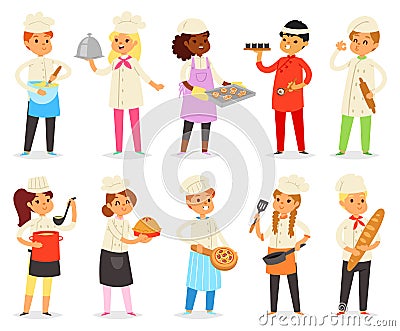 Cooking child vector children characters boy girl chef cooking food baking cookies illustration kitchener set of kids Vector Illustration