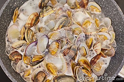 Cooking clams in a pan at home Stock Photo