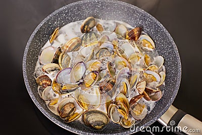 Cooking clams in a pan at home Stock Photo