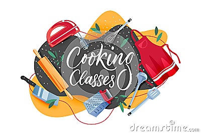 Cooking class banner design. Hand drawn calligraphy lettering and kitchen tools on blackboard. Vector illustration Vector Illustration