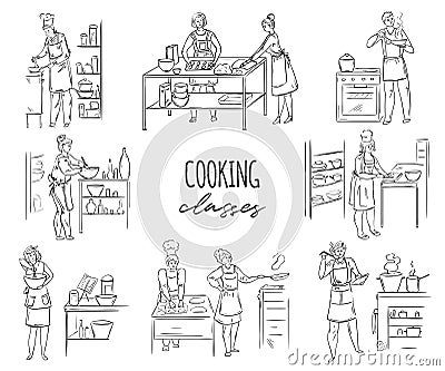 Cooking class. Group of people preparing meals. Vector Illustration