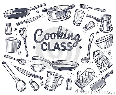 Cooking class. Sketch kitchen tool, kitchenware. Soup pan, knife and fork, spoon and grater chef utensils doodle vector Vector Illustration