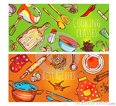 Cooking Classes Banners Set Vector Illustration