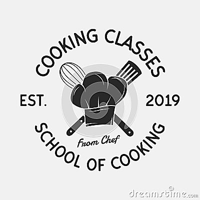 Cooking Classes vintage logo. Chef`s hat ,Whisk and Spatula icons. Culinary School, Cooking courses, Food studio emblem template. Vector Illustration