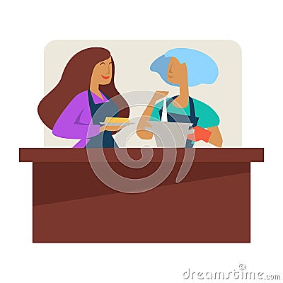 Cooking classes women working in pair at kitchen counter Vector Illustration