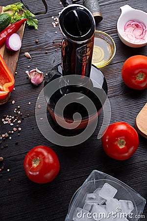 Cooking classic spanish raw eating cold soup Gazpacho. food recipe. healthy concept Stock Photo